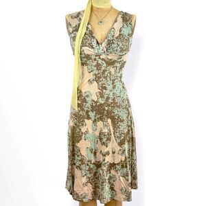 Coastal Womens M V-Neck Midi Dress Abstract Earthy Boho Chic Art Summer